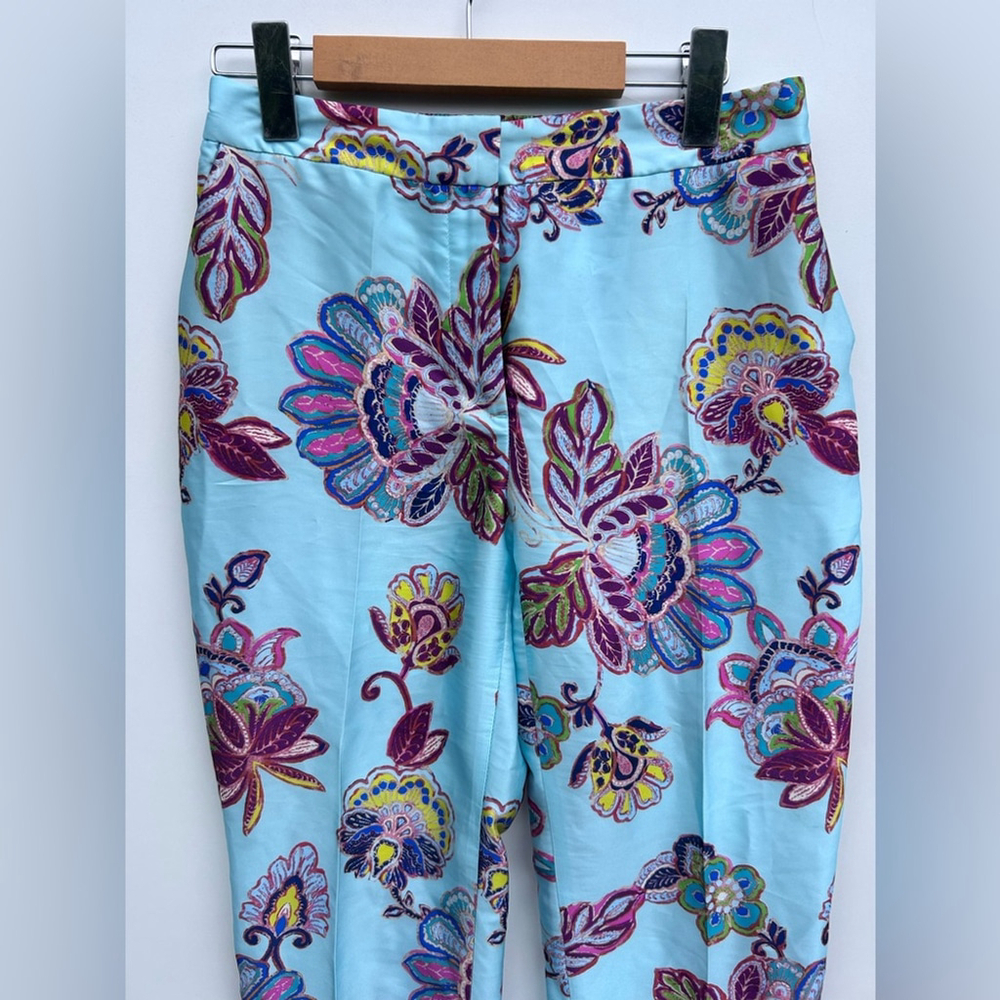 ZARA Blue print cropped-leg trousers, Floral Print Women's Pants - Picture 7 of 9